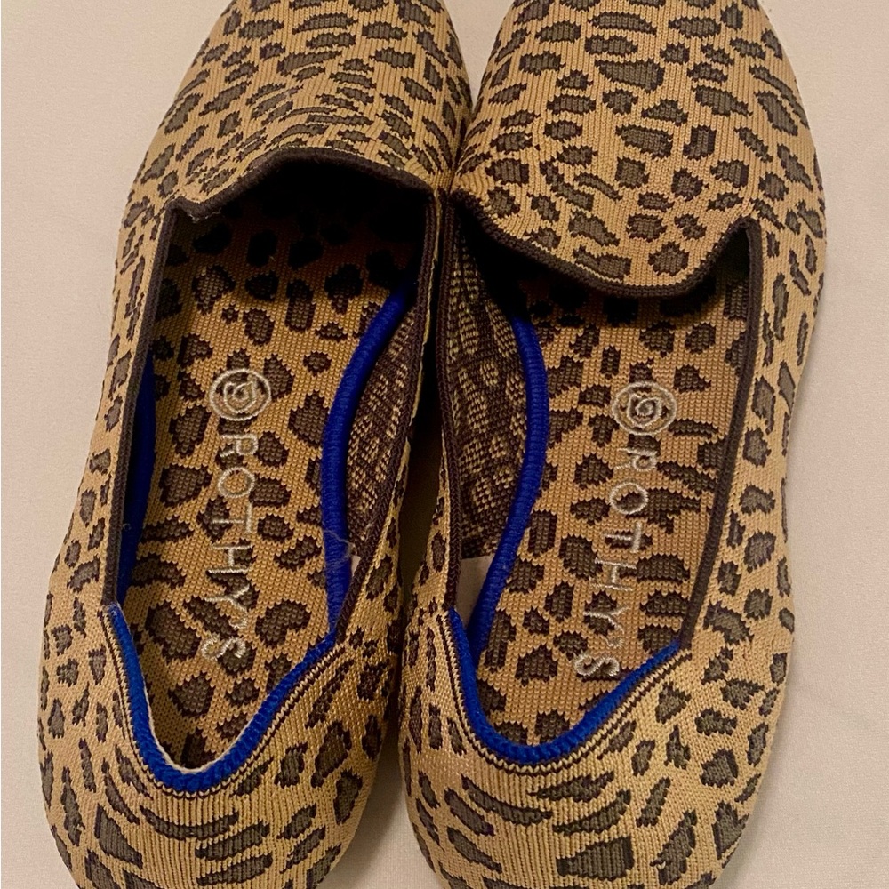Rothy's Blue and Brown Loafers with Animal Print